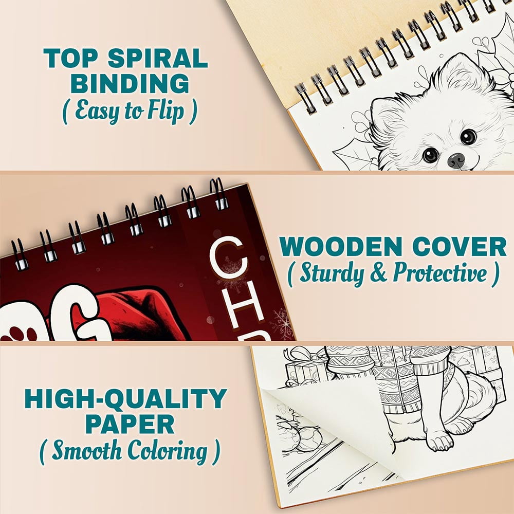 Netecom Christmas Dog Coloring Book Spiral Bound For Adults, A5 Wooden Cover, 30 Fun Coloring Pages of Cute Dogs Enjoying the Christmas Atmosphere for Stress Relief and Relaxation