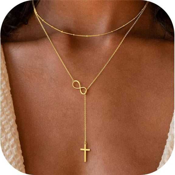 Turandoss Infinity Gold Cross Necklace for WomenDainty 14K Gold Plated Y Shaped Cross Pendant Long Layered Drop Lariat Necklaces Jewelry for Womens Easter Birthday Gifts