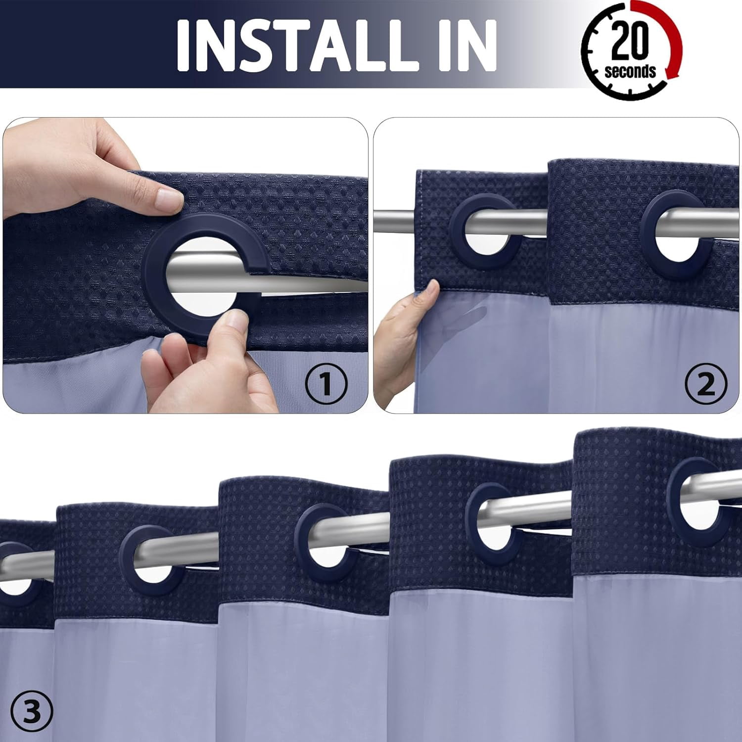 DawnJoanHD Waffle Weave No Hook Shower Curtain with Snap-in Liner, Blue Polyester Fabric with See-Through Top Window, 72" x 75"