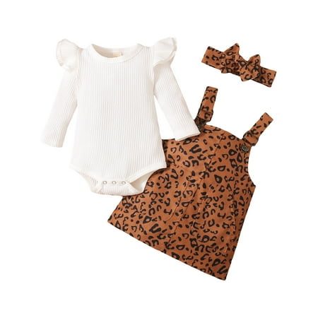 

Calsunbaby 3Pcs Kids Baby Girls Outfits Set Ribbed Fly Sleeve Bodysuit Tops Leopard Suspender Skirts Dress Khaki 3-6 Months