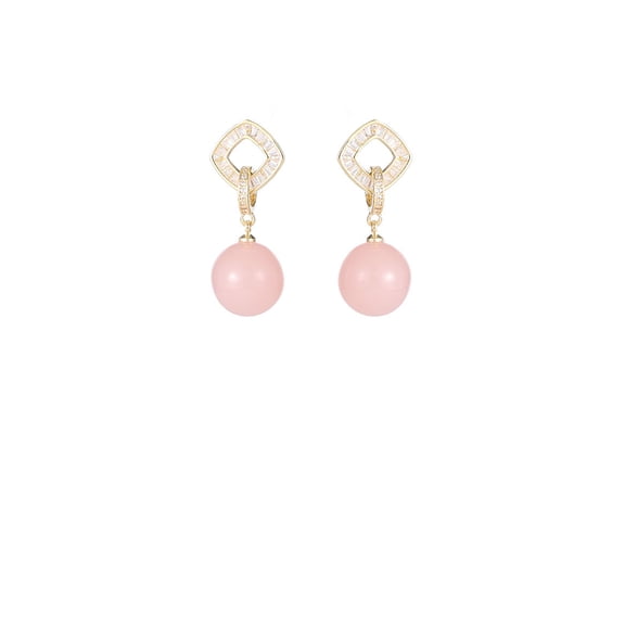 Fashion and Elegant Plated Gold Geometric Diamond Pink Imitation Pearl Earrings with Cubic Zirconia