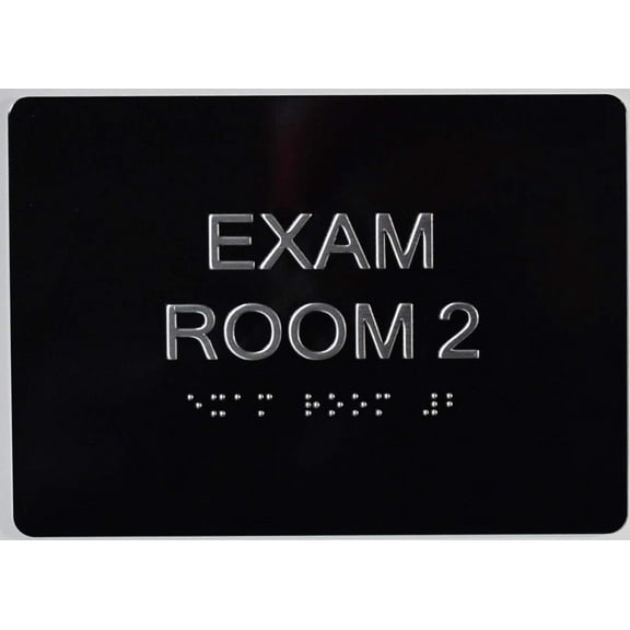 EXAM Room 2 Sign with Tactile Text and Braille Sign -(Aluminum, Black/Silver, Size 5X7) The Sensation line