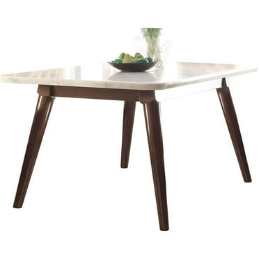 Pemberly Row Rectangular Marble Top Dining Table in White and Walnut