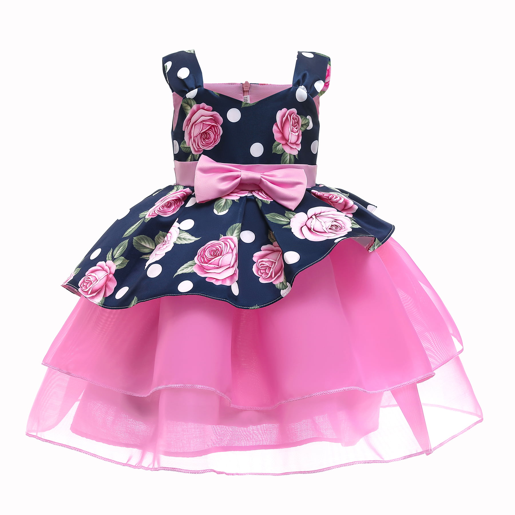 OLLUISNEO 3-4 Years Toddler Baby Girls Dress Suspender Floral Prints Party  Formal TuTu Princess Dress Blue 