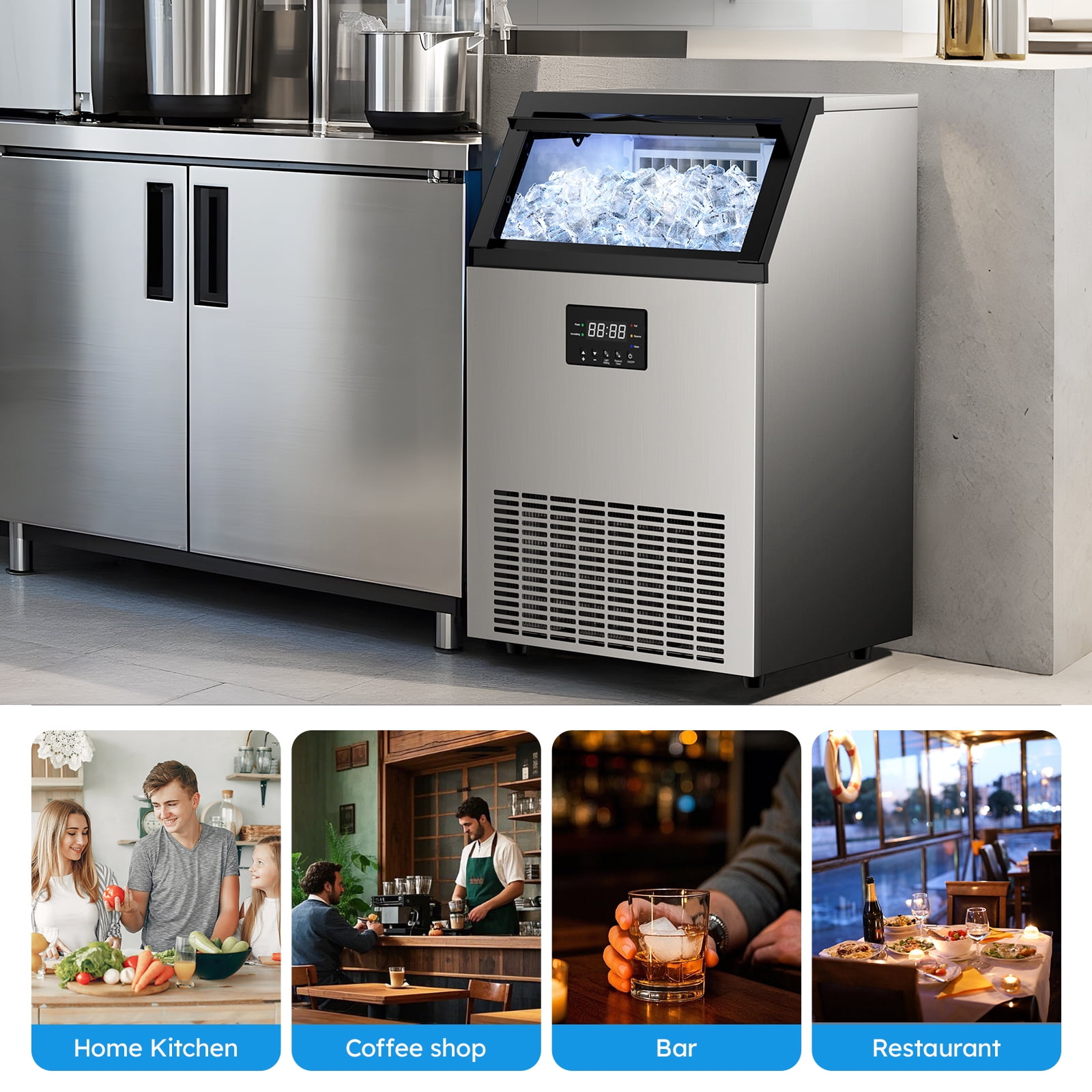 Commercial Ice Maker 150 lbs./24 H Freestanding Stainless Steel Ice Maker Full Size Cubes with 33 lbs. Storage