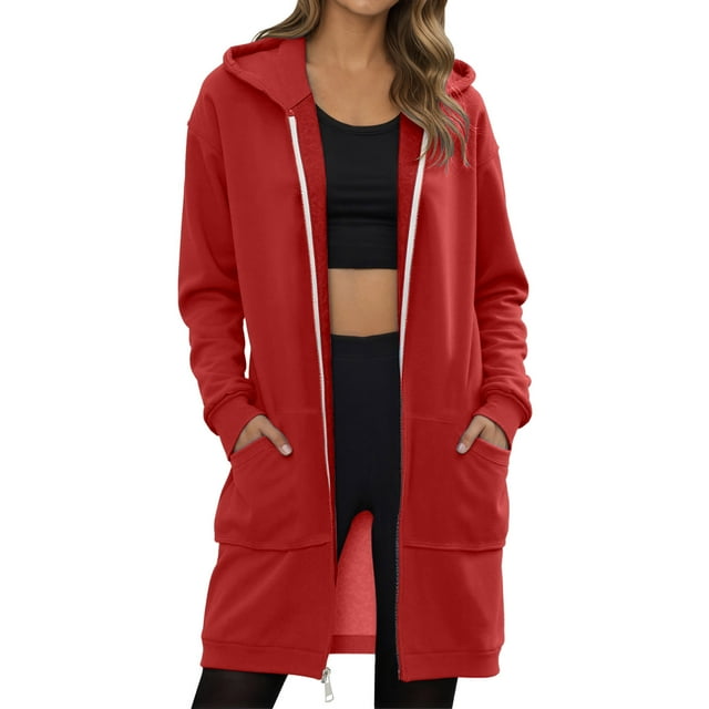 Tiweut Jackets for Women Fall Winter Jacket Long Sleeve Zipper Long-Length Solid Color with Pockets Ladies Classic Blouses RD3,S