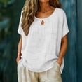 thumbnail image 2 of CYMMPU Women's Summer Solid Color Crew Neck Faux Linen Batwing Top, Loose Short Sleeve Casual Lightweight Blouse White S, 2 of 6
