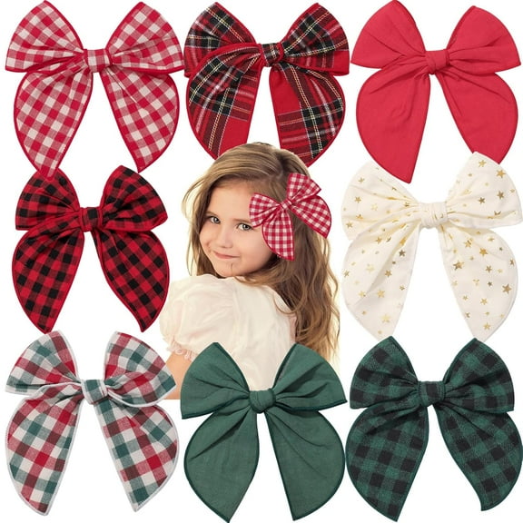 Dalrosia 8PCS Large Christmas Fable Hair Bows Hair Clips Plaid Hair Ribbon Ponytail Holder Hair Accessorie for Baby Toddlers Kids Girls
