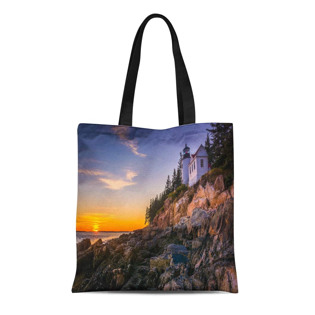 SIDONKU Canvas Tote Bag Bass Harbor Lighthouse at Sunset in Acadia ...