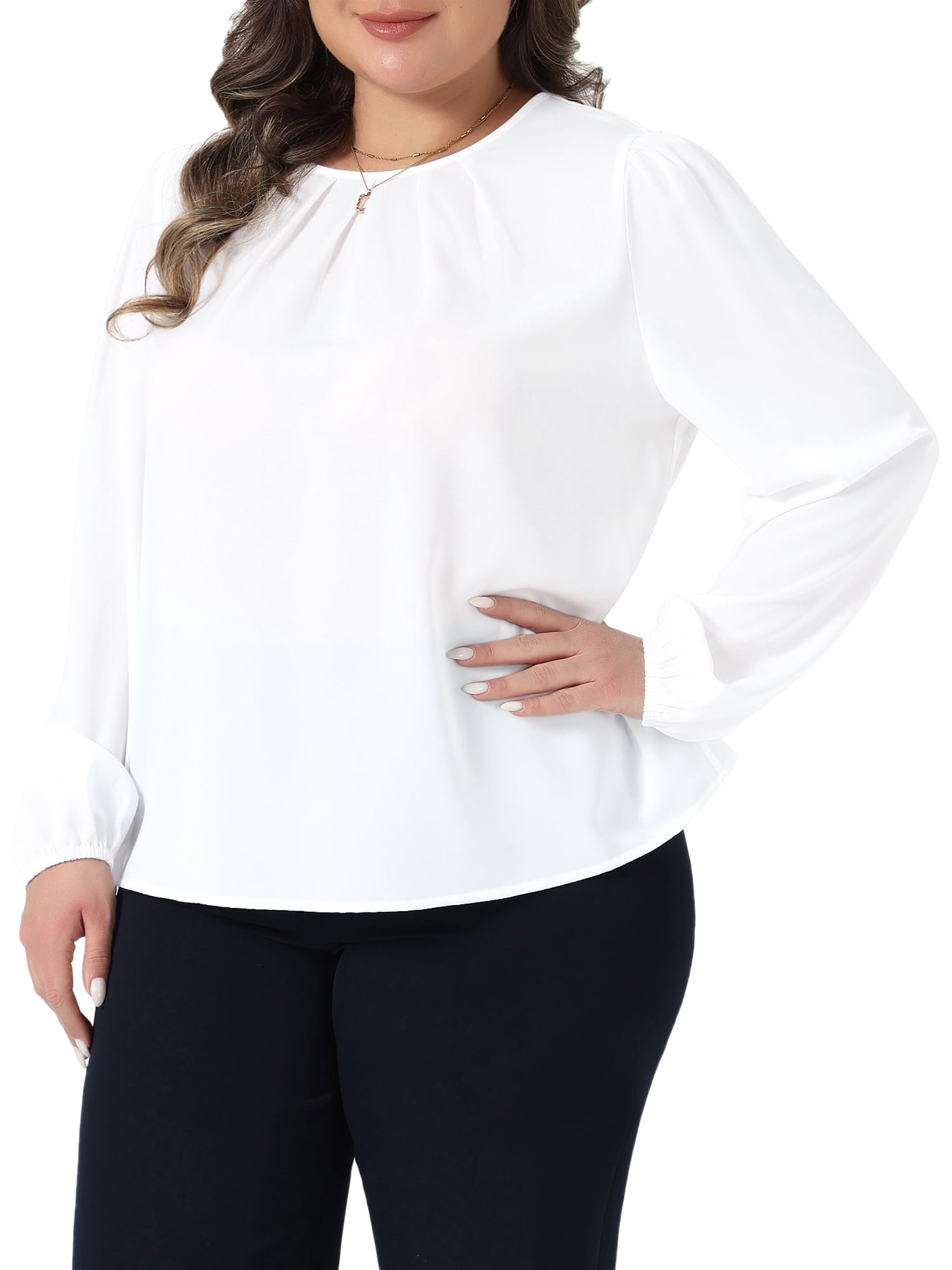 DARING DIVA Women's Plus Crew Neck Pleated Blouse 4X White