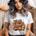 thumbnail image 2 of Fall Vibes Graphic T-Shirt | Cozy Autumn Pumpkin Latte Football Tee, Light Pink, Size S, 2 of 6