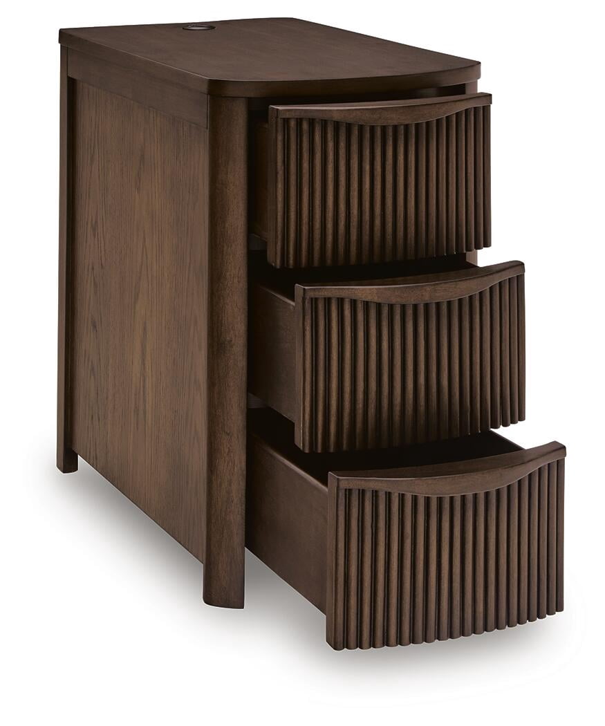 Camdill Chairside End Table with USB Charging Ports and 3 Drawers, Dark Brown Wood Finish