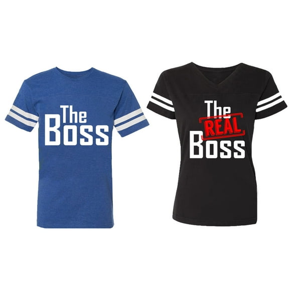 The Boss The Real Boss Matching Couple Cotton Jerseys (Men Royal / Women Black) (Men S / Women S)