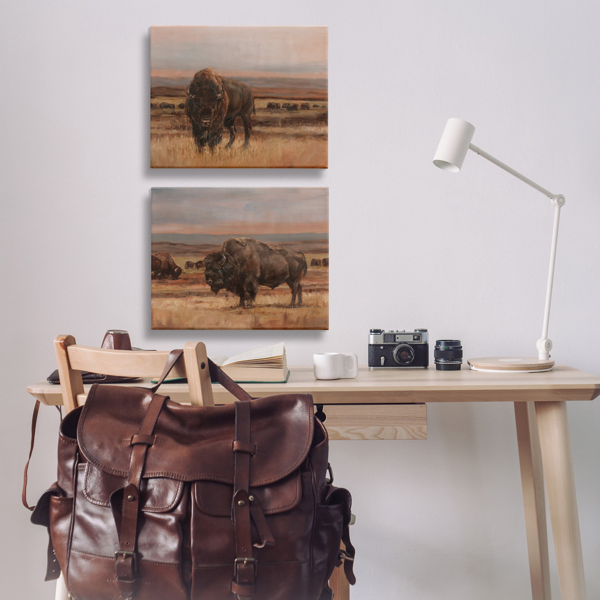 Stupell Industries Scattered Bison & Farmland Animals & Insects Painting Gallery Wrapped Canvas Art Print Wall Art, 20 x 16, Set of 2