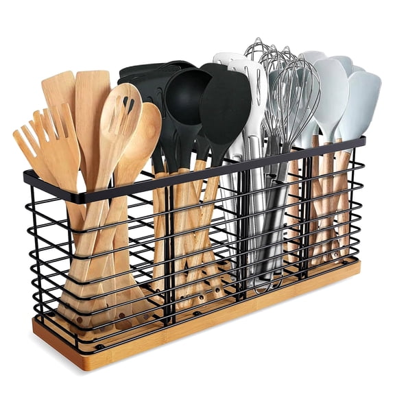 Godance Extra Large Kitchen Utensil Holder with 4 Compartments, Matte Black Metal Utensil Holder for Kitchen Countertop, Farmhouse Cooking Utensil Storage for Spoons, Spatulas & Ladles