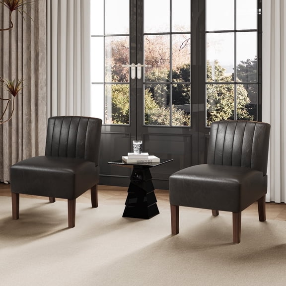 Armless Accent Chairs Set of 2 Upholstered Dining Chairs Living Room Chairs with Solid Wood Legs Bedroom Chair Leather Reading Chair Comfy Chair for Bedroom Vanity Kitchen (Black)
