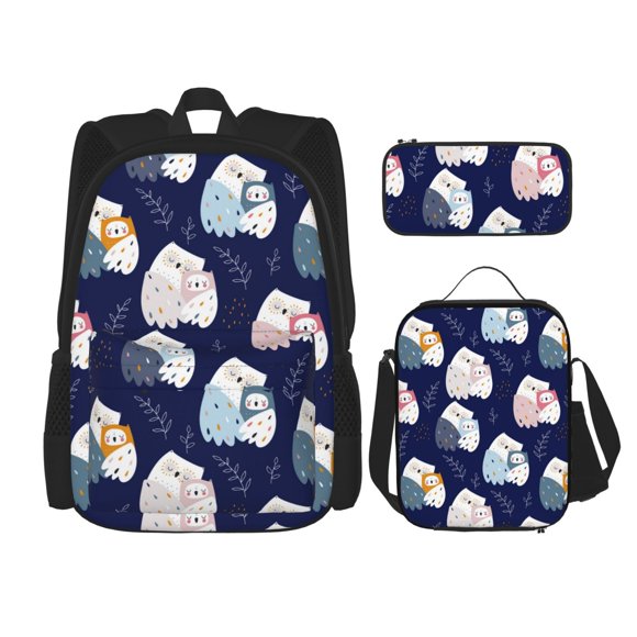 Easygdp Mom And Baby Owls Mochila para Niños y Niñas con Set de Caja de Almuerzo y Estuche para Lápices 3 en 1, Mochila Escolar Estampada para Adolescentes