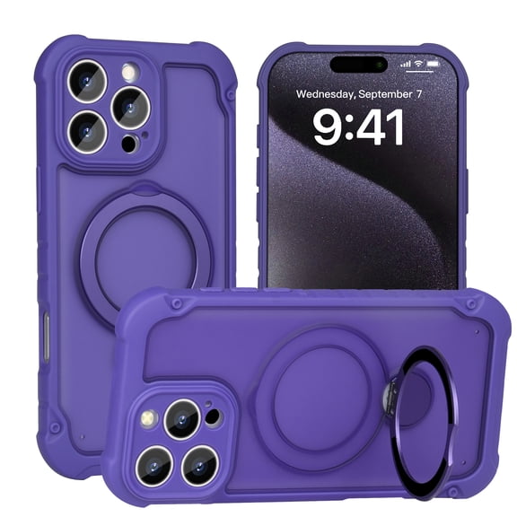 Allytechgroup iPhone 15 Pro Case with Magnetic Ring Kickstand, Compatible with MagSafe Military-Grade Shockproof Cover with Built-in Metal Stand, Slim Anti-Slip Matte TPU PC Back Cover,Purple