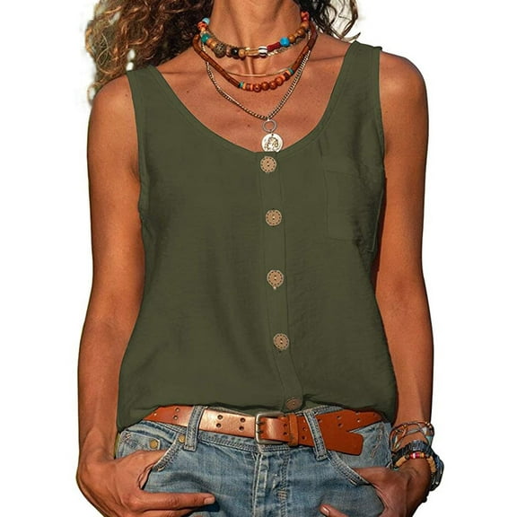 Deal of the Week Ofreoo Fashion Women Casual V-Neck Sleeveless Solid Button Casual Blouses Tops
