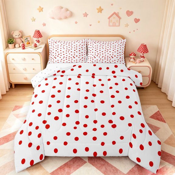 Manfei Cartoon Polka Dots Bedding Comforter Set,Fashion French Style Twin Comforter Sets,Hotpink White Bedding Set For Children,Breathable Home Decor Reversible,2-Piece