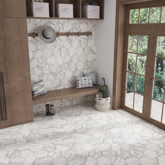 Serena 10 x 10 in. Honed White Gray Marble Hexagon Wall and Floor Tile (2.95 sq ft/case) - 5 Pack