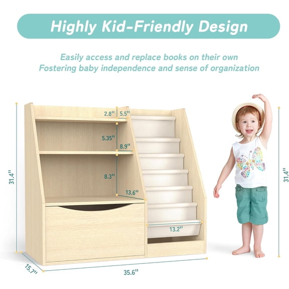 3 Tier Kids Bookshelf with 6 Sling Shelves and Storage Cabinet, Natural Wood Toddler Bookcase Organizer for Nursery Playroom Classroom Bedroom
