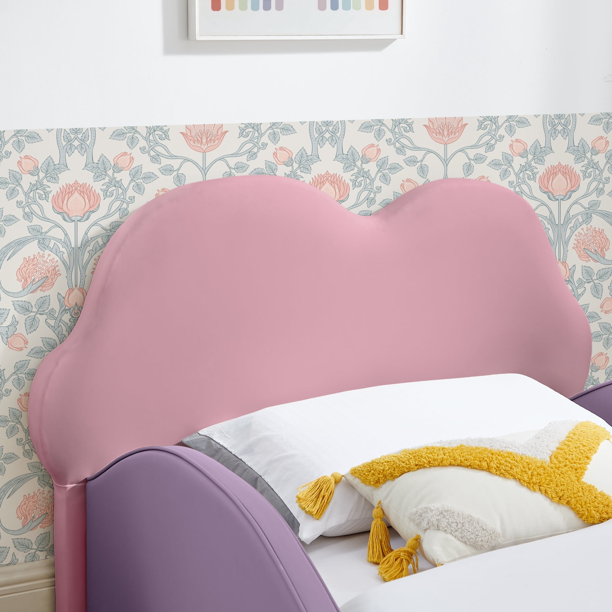 Twin Size Cute Cloud Kids Bed Frame with Guardrails, Upholstered Toddler Bed with Storage Pocket, PU Leather Platform Bed for Girls Bedroom, Purple Pink