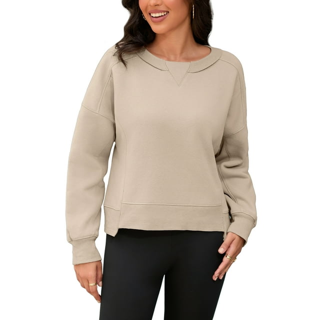 Sudadera recortada ATHLECHIC para mujeres, suéter de felpa de cuello redondo, suéter oversized de moda, tops de otoño, XL caqui