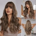 thumbnail image 4 of Jademall 24 inch Long Wavy Brown Wig with Bangs, Synthetic Hair Wig for Women, Full Coverage Natural Look, Curly Wave Hairstyle for Cosplay, Daily Wear & Parties - Mixed Brown, 4 of 8