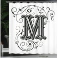 thumbnail image 3 of Letter M Shower Curtain, Abstract Ornamental Design in Dark Color Scheme Swirls and Lines Eastern, Cloth Fabric Bathroom Decor Set with Hooks,  Black Grey White, 3 of 4