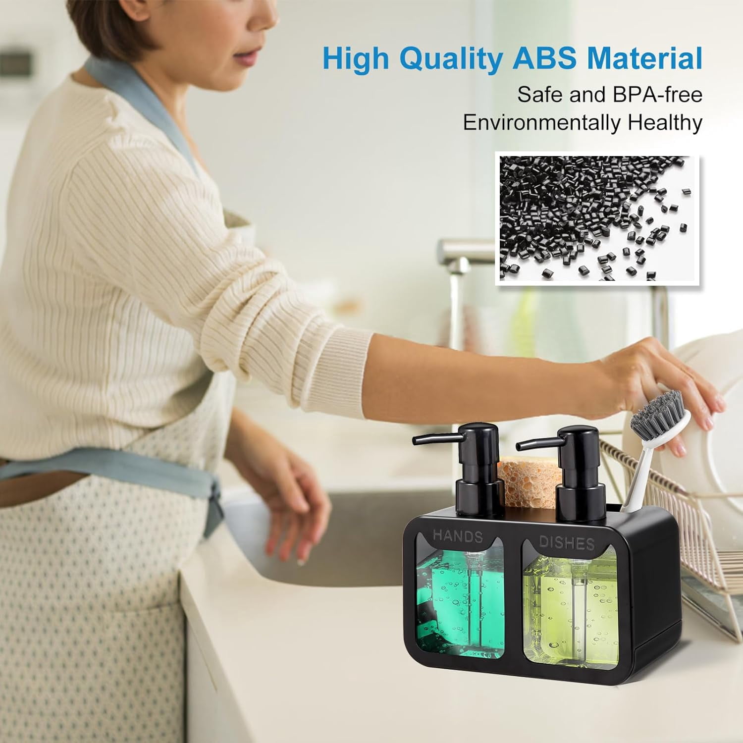 Kitchen Soap Dispenser Set, with Hand and Dish Soap, Sponge Caddy Brush Holder 4-in-1 Dual Set for Sink, Bathroom -