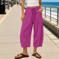 thumbnail image 6 of iHPH7 Women's Elastic Waist Cropped Trousers Cotton Linen Barrel Capris with Pockets Drawstring Casual Boho Summer Beach Lounge Bottoms Hot Pink S, 6 of 7