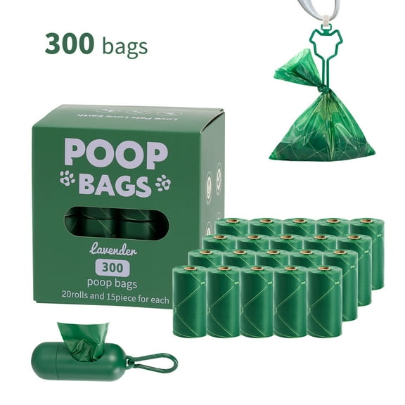 Biodegradable Dog Poop Bags Rolls 300 Count , Leak Proof and Extra Thick Waste Bag Refill (Lavender Scented) send 1 Dispenser Clamp