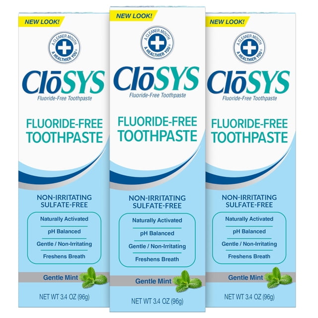 Pasta Dental CloSYS Sin Flúor, 96 g, Tamaño de Viaje, Menta Suave, Cumple con TSA, Blanqueadora, Protección del Esmalte, Sin Sulfatos (Paquete de 3)