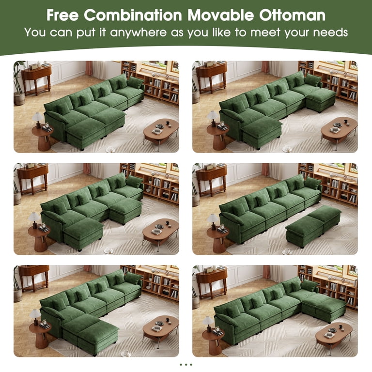 Modular Sectional Sofa 4-Seater With Movable Ottomans - Oversized U-Shape Deep Seat Chenille Couch, 146.5 Inch, Green 3 thumbnail image