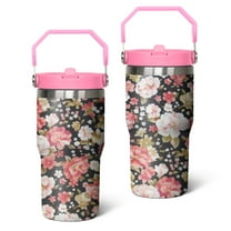 20oz Vintage Floral Rose Print Stainless Steel Tumbler with Top Handle,Pioneer Travel Coffee Mug Flip Straw Cup,Gifts for Women Girls Men Adults（pink）