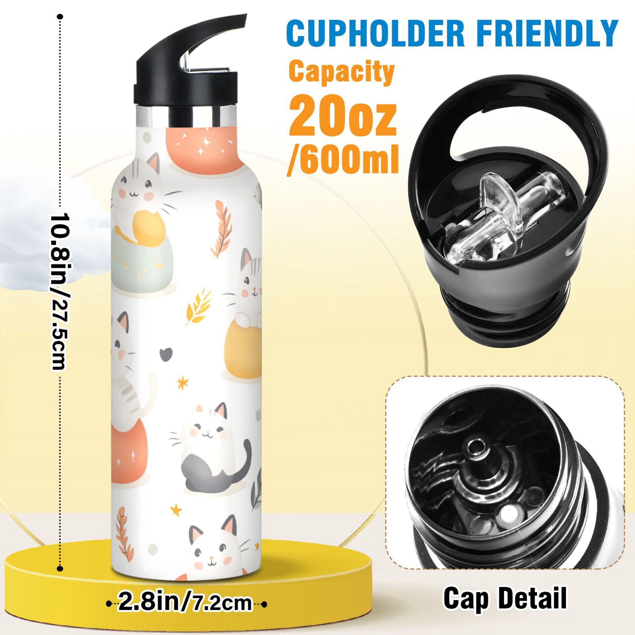 Kids Insulated Stainless Steel Sports Water Bottle 600ml (20oz) Cats and Fish Pattern