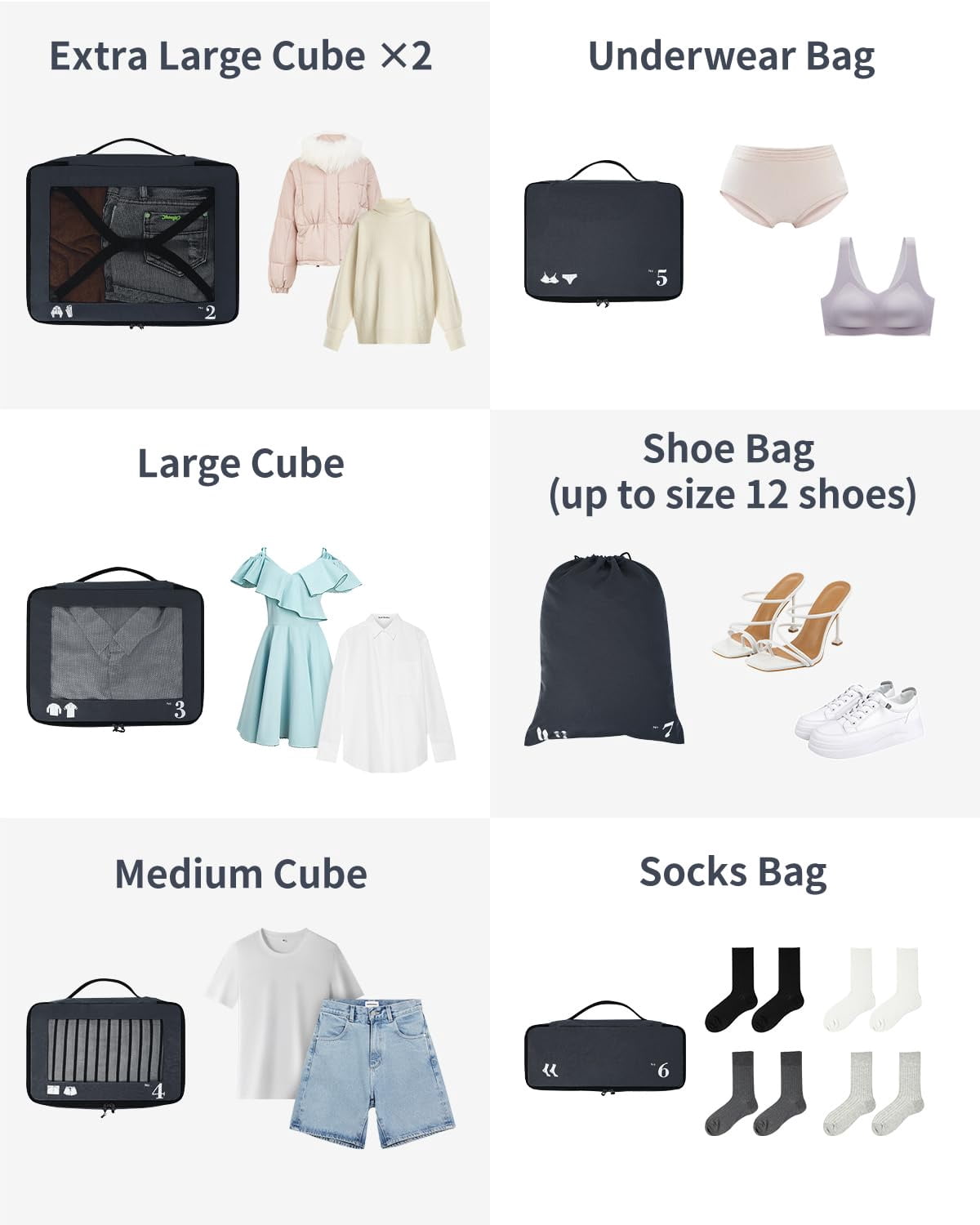 7 Pcs Packing Cubes for Travel Organizer Tear-Resistant with Number Icon Handle Storage Bags for Carry on Bag for Clothes Shoes, Dark Blue