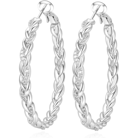 925 Sterling Top Silver Hoop Earrings for Women, Lightweight Twisted Hoop Earrings With Cubic Zirconia, Thick Hypoallergenic Silver Hoops Earring for Women Gifts 30/40/50MM[i855]