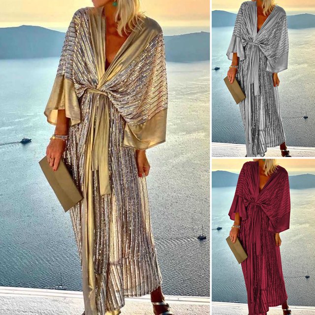 Neinkie Robe d'Automne pour Femme à Col en V Profond, Manches Chauve-Souris, Laçage, Ourlet Fluide, Paillettes, Élégante, Cardigan de Vacances, Longue Robe, Vêtements pour Femme