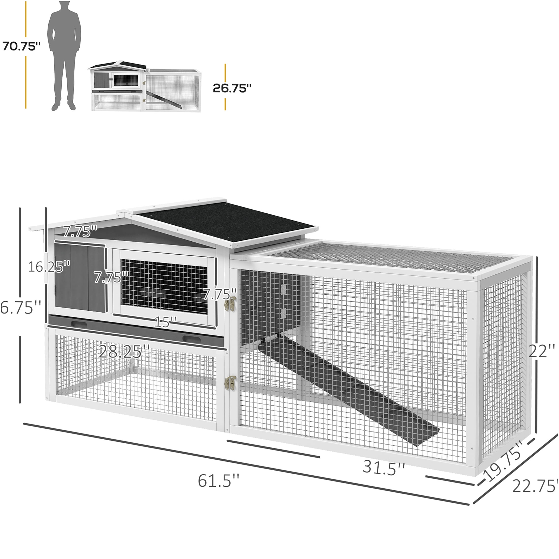 JERFIT 2-Story Outdoor Rabbit Hutch with Waterproof Asphalt Roof, Detachable Run & Slide-Out Tray, Large Wooden Bunny Cage House for Indoor Outdoor Use, Light Gray