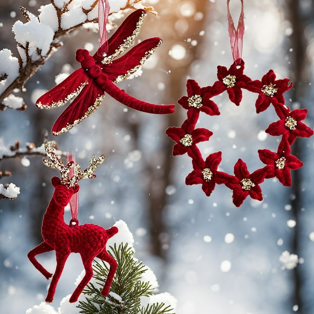 Adorno de árbol de Navidad Vino, collar rojo de libélula de alce en bandos | 5,1"x5,1" Poliéster | Costuras duraderas, textura 3D, accesorio de decoración para fiestas en casa