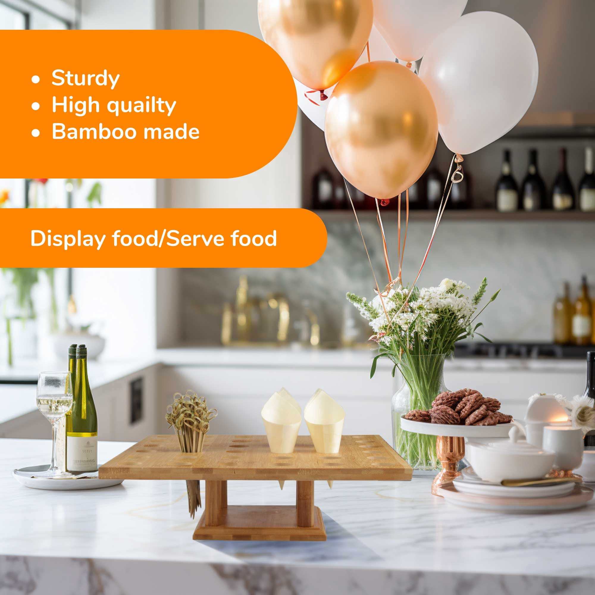 BambooMN 13" x 13" Natural Bamboo Square Food Cone Display Tamaki Stand, With Wood Cones and Skewer Picks, 1 Set