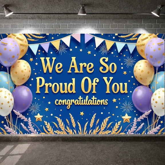 Colorful Balloons Proud Of You Banner Gold Stars Achievement Display Festive Tassels Wheat Decor Success Backdrop for Graduation Ceremony Promotion Party Achievement Celebration