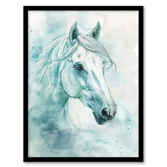 Artery8 White Horse Portrait Light Blue Watercolour Living Room Art Print Framed Poster Wall Decor 12x16 inch