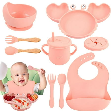 

Lucybak Silicone Feeding Set 9PCS Cute Crab Suction Plates Bowls Set Toddler Self Feeding Eating Utensils Dishes Set with Spoons Fork workable