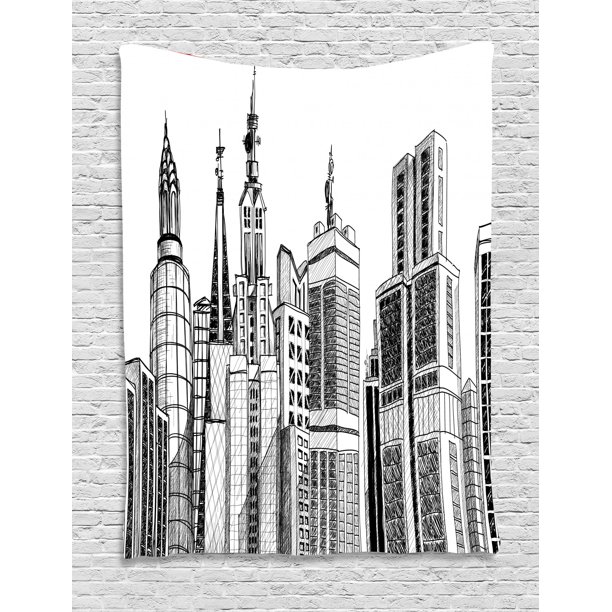 Cityscape Tapestry, Urban Arhitecture Sketch Skyscraper Metropolis Grunge Handdrawn Modern