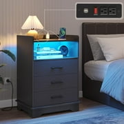 Black LED Nightstand with Charging Station & 3 Drawers, Bedside Table with Open Storage & LED Lights for Bedroom Living Room