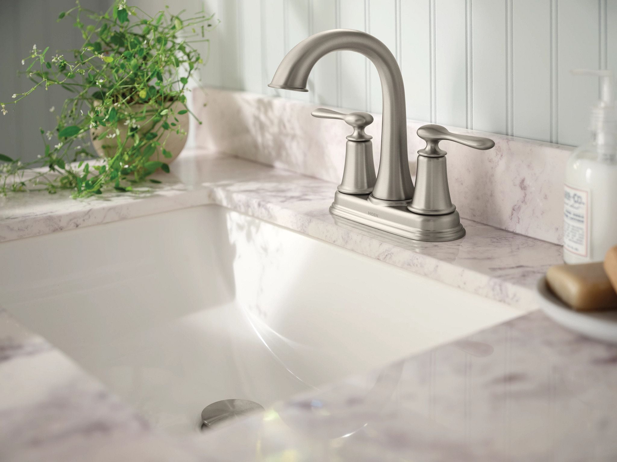 Moen Ellicott Spot Resist Stainless Two-Handle Centerset Bathroom Sink Faucet, 84092SRN
