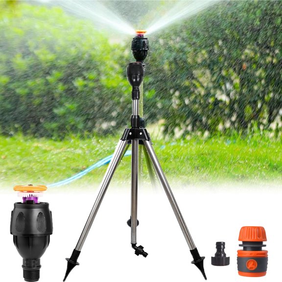 Rosnek Rotating Tripod Sprinkler, Sprinklers for Lawn Garden Yard, 360 Degree Large Area Automatic Double-Sided Coverage, Telescoping Water Sprinkler with Metal Tripod Base